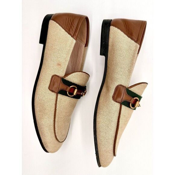 Gucci Brixton Beige Canvas Horsebit Buckle Loafers Web Stripe Flats EU 37 US 7 - Picture 5 of 12